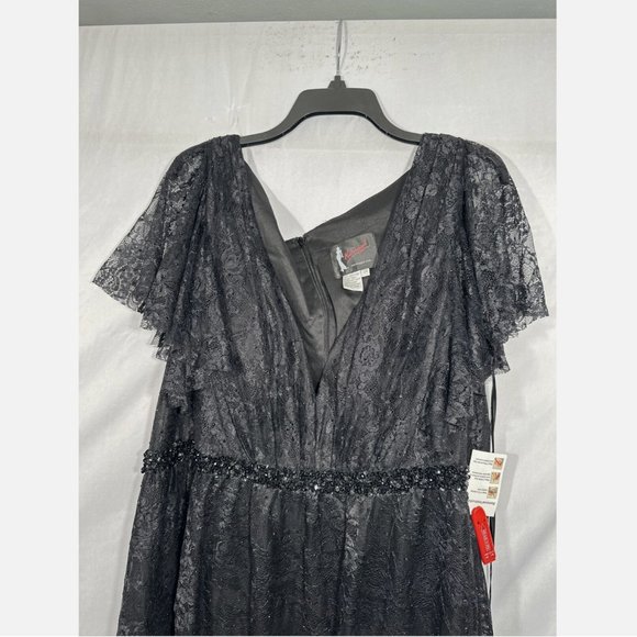 NWT Mac Duggal‎ [ 22W ] Lace Short Sleeve V-Neck Cocktail Midi Dress Black - Picture 4 of 15
